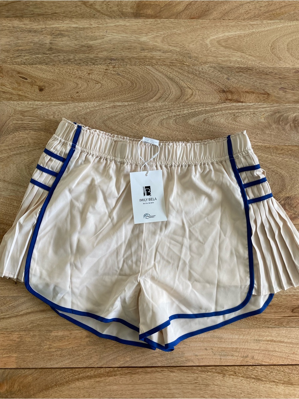 Emily Bela Cream Athletic Shorts with Blue Trim
